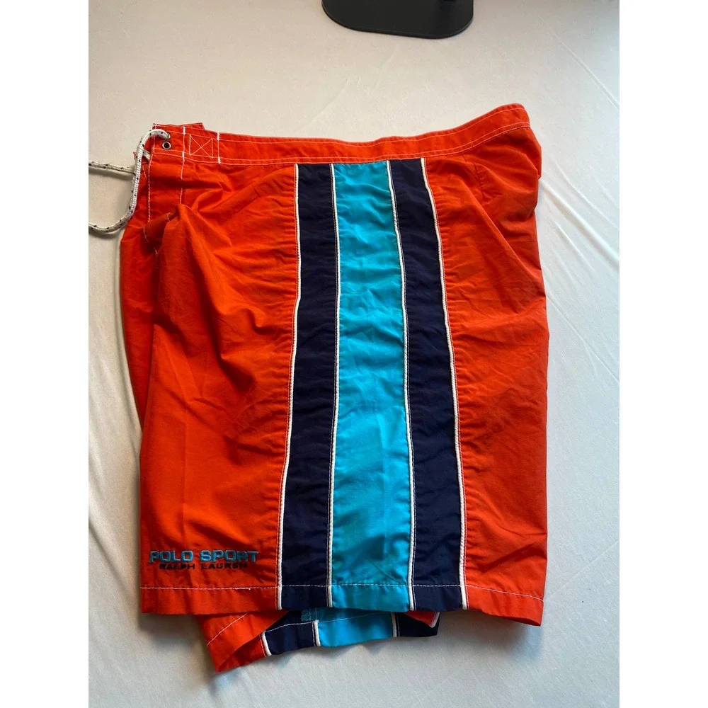 Polo Sport Ralph Lauren Orange Blue Striped Board Shorts Mens 32 Vintage Trunks